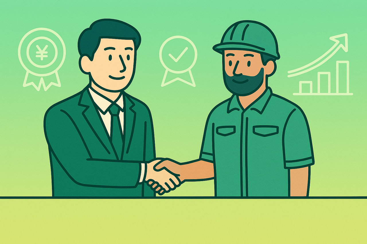 外国人雇用助成金を活用し、特定技能外国人と企業が合意のもとで雇用を進める様子を表したイメージ。助成金活用による人材定着と企業成長を象徴