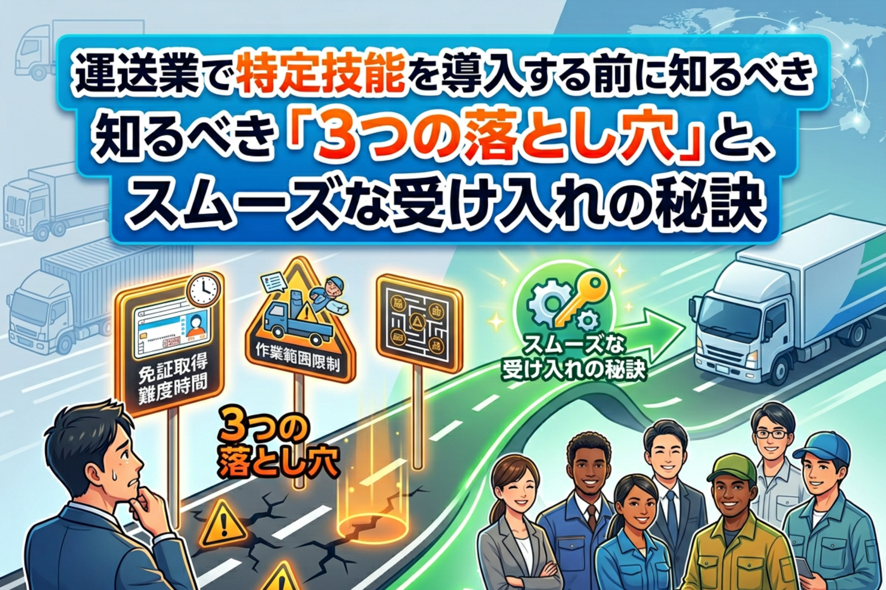 運送業で特定技能を導入する際に注意すべき3つの落とし穴と、外国人ドライバーをスムーズに受け入れるためのポイントを示したアイキャッチ画像