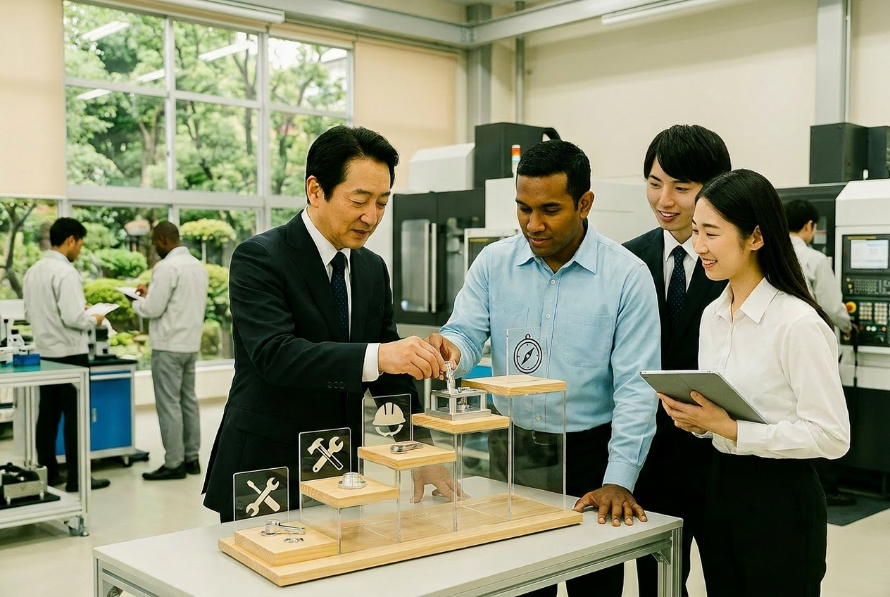 育成就労制度のもとで外国人材が技術指導を受ける現場の様子。特定技能制度へとつながる人材育成と企業の長期雇用をイメージした写真