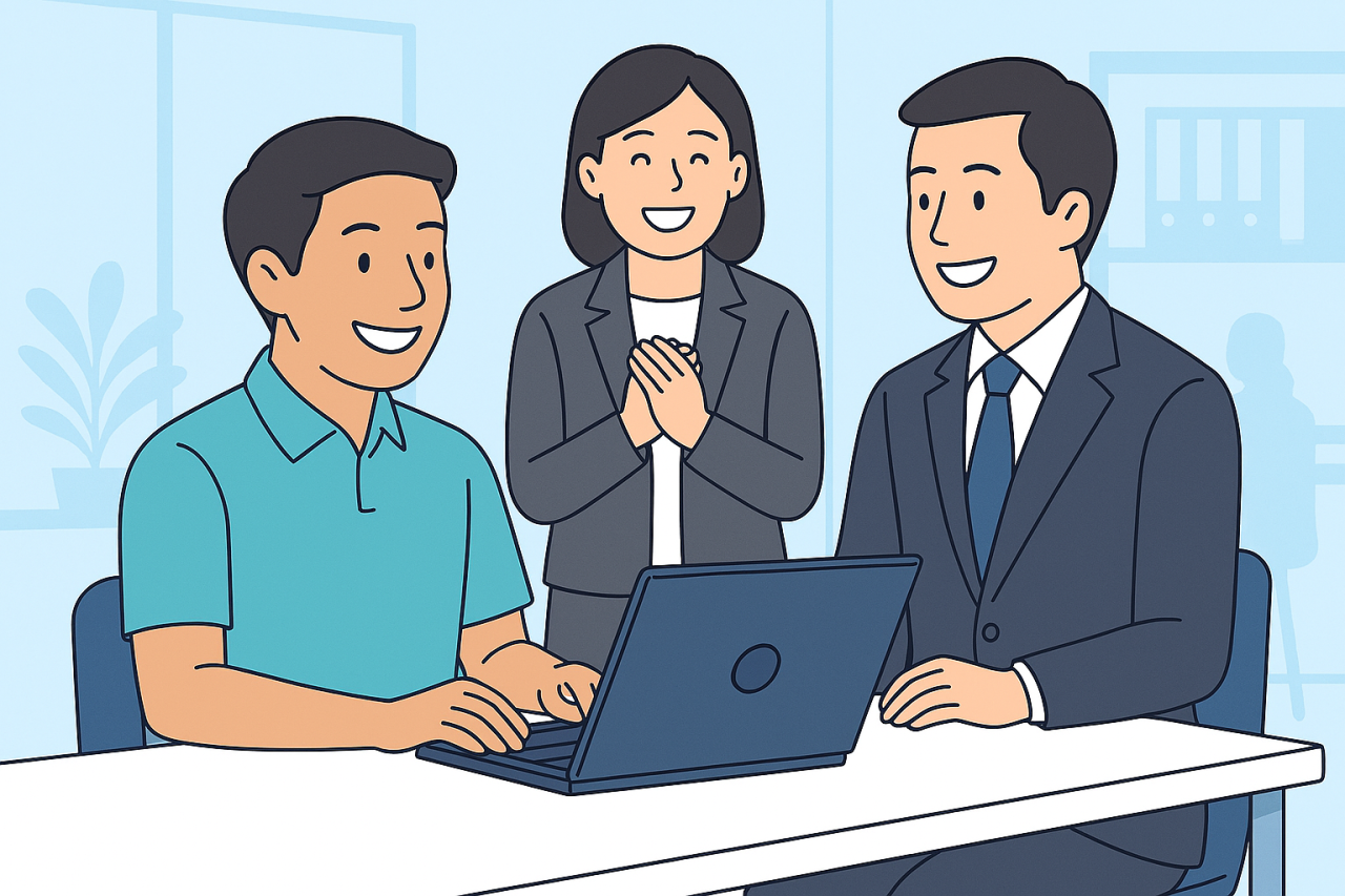 特定技能人材の受け入れにおいて、企業が登録支援機関と協力しながら支援体制を整え、円滑な運用を進める様子を表したビジネスイメージ