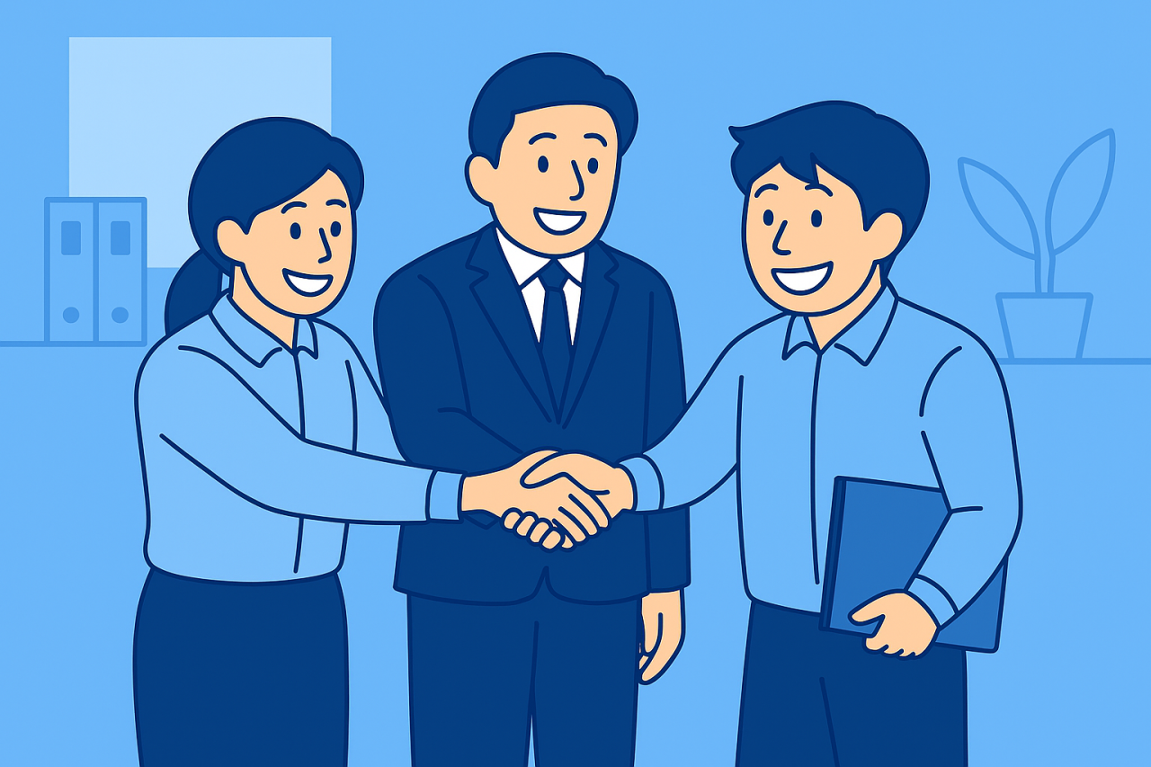 特定技能の受け入れを通じて、企業担当者同士が連携し合意を形成する様子を表したビジネスイメージ。初めての企業向けに円滑な受け入れを象徴