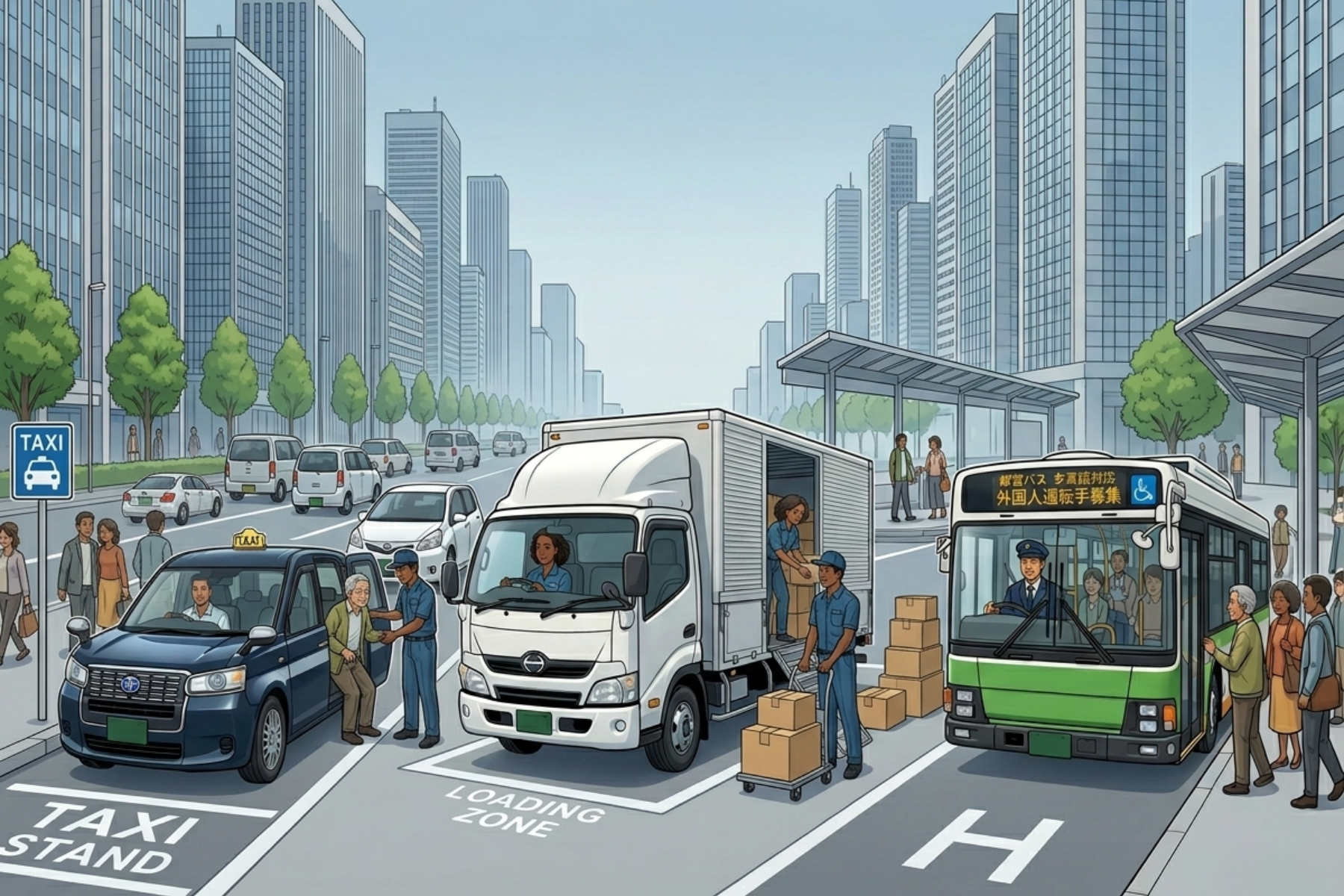 運送業における特定技能制度の活用イメージ。トラックやバス、タクシーなど物流・旅客分野で外国人材が働く現場を表した