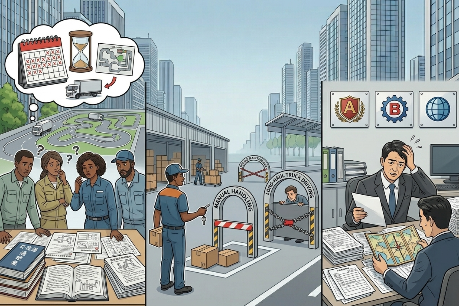 運送業で特定技能を導入する際に企業が陥りやすい3つの落とし穴を表した図。手続きの複雑さ、現場運用のミスマッチ、管理体制の不備を示すビジュアル