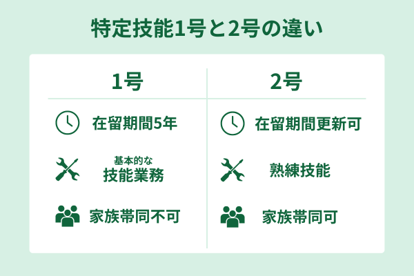 特定技能1号と特定技能2号の違いを比較した図。在留期間、技能水準、家族帯同の可否を企業向けに分かりやすく整理