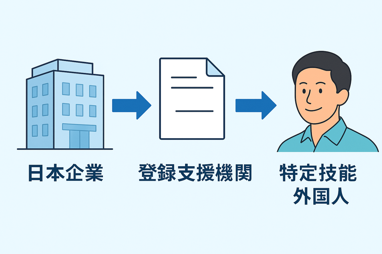 特定技能制度における登録支援機関の位置づけを示した図。日本企業と特定技能外国人の間に入り、手続きや支援を行う役割を企業向けに解説