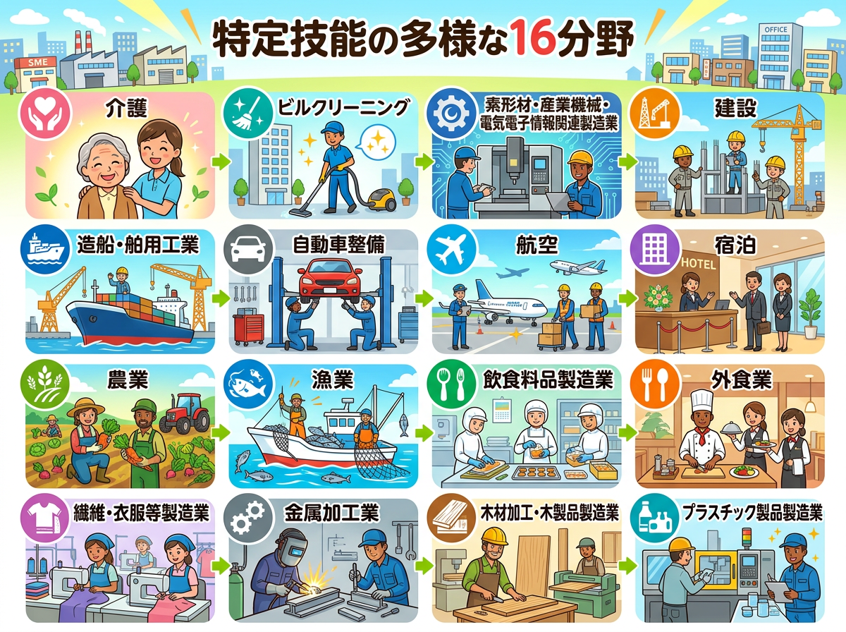 特定技能の対象となる16分野(介護・建設・飲食料品製造業など)を一覧で示した図解