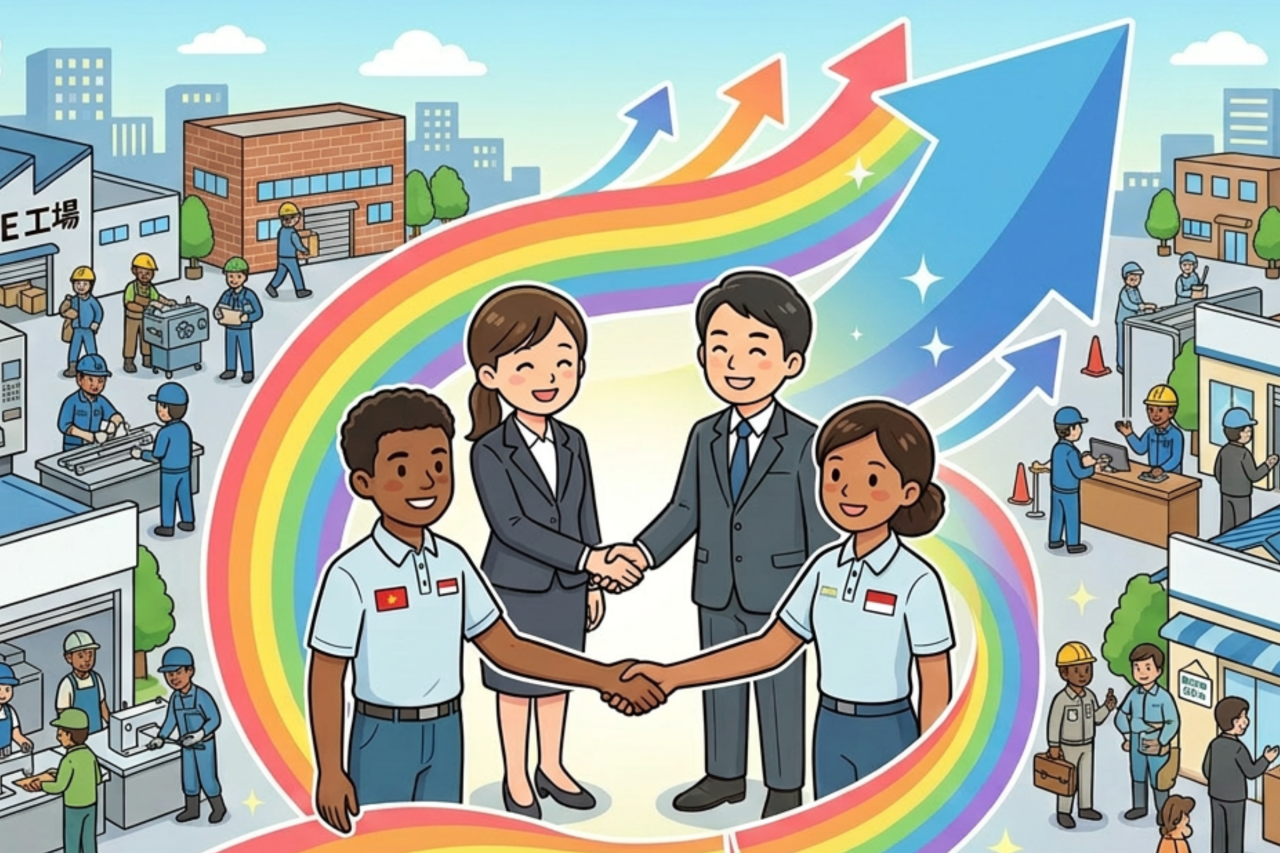 特定技能人材の受け入れによる企業成長と多様な業種での活躍を示したイメージ