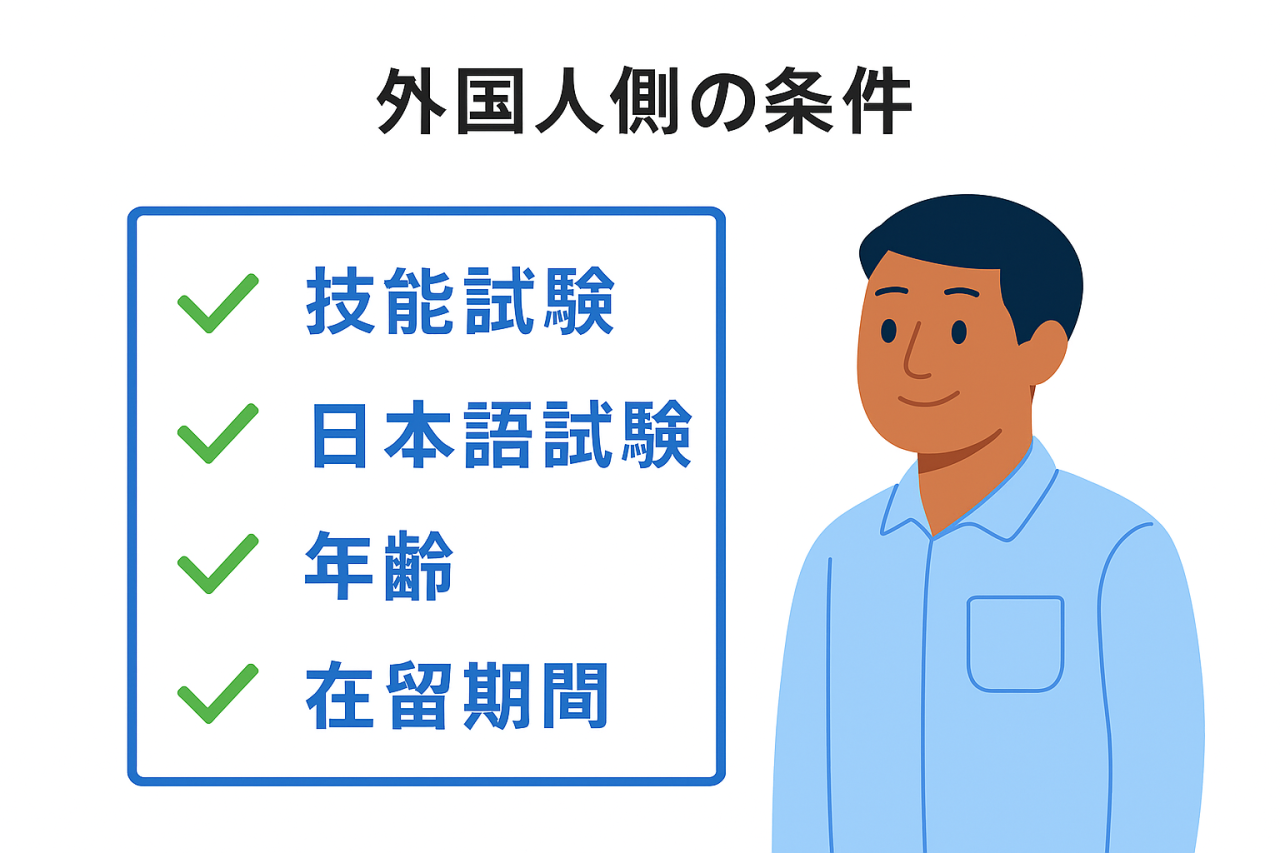 特定技能制度における外国人材の要件を解説した図|技能試験、日本語試験、年齢、在留期間の条件