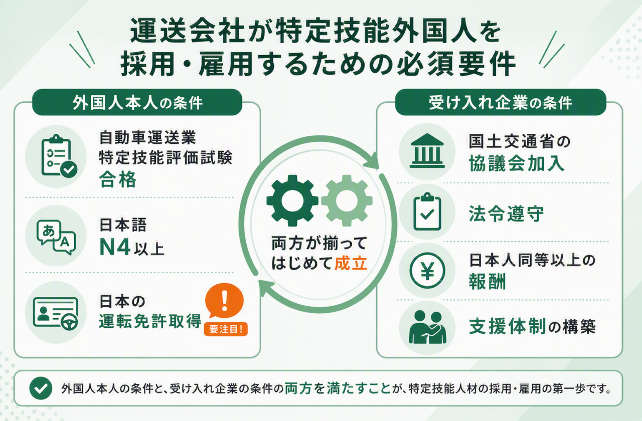 運送会社が特定技能外国人を採用・雇用するための要件をまとめた図。外国人本人は「特定技能評価試験合格」「日本語N4以上」「日本の運転免許取得」が必要で、企業側は「協議会加入」「法令遵守」「日本人同等以上の報酬」「支援体制の構築」が求められる。