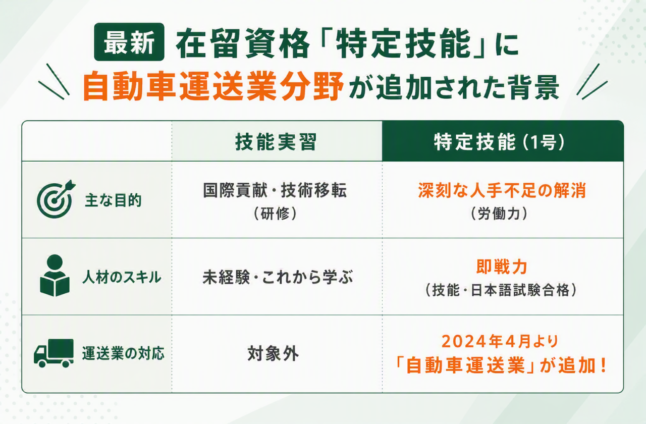 在留資格『特定技能』に自動車運送業が追加された背景を解説した図。技能実習との違いや人手不足解消の目的を比較表で説明