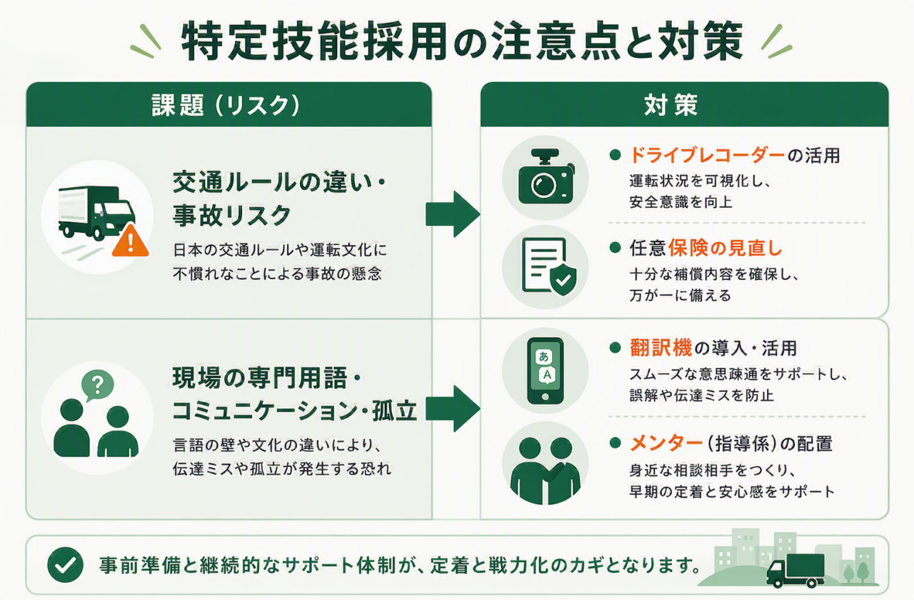 特定技能外国人を運送業で採用する際の注意点と対策をまとめた図。交通ルールの違いによる事故リスクやコミュニケーションの課題に対し、ドライブレコーダー活用、保険見直し、翻訳機導入、メンター配置などの対策を紹介している。