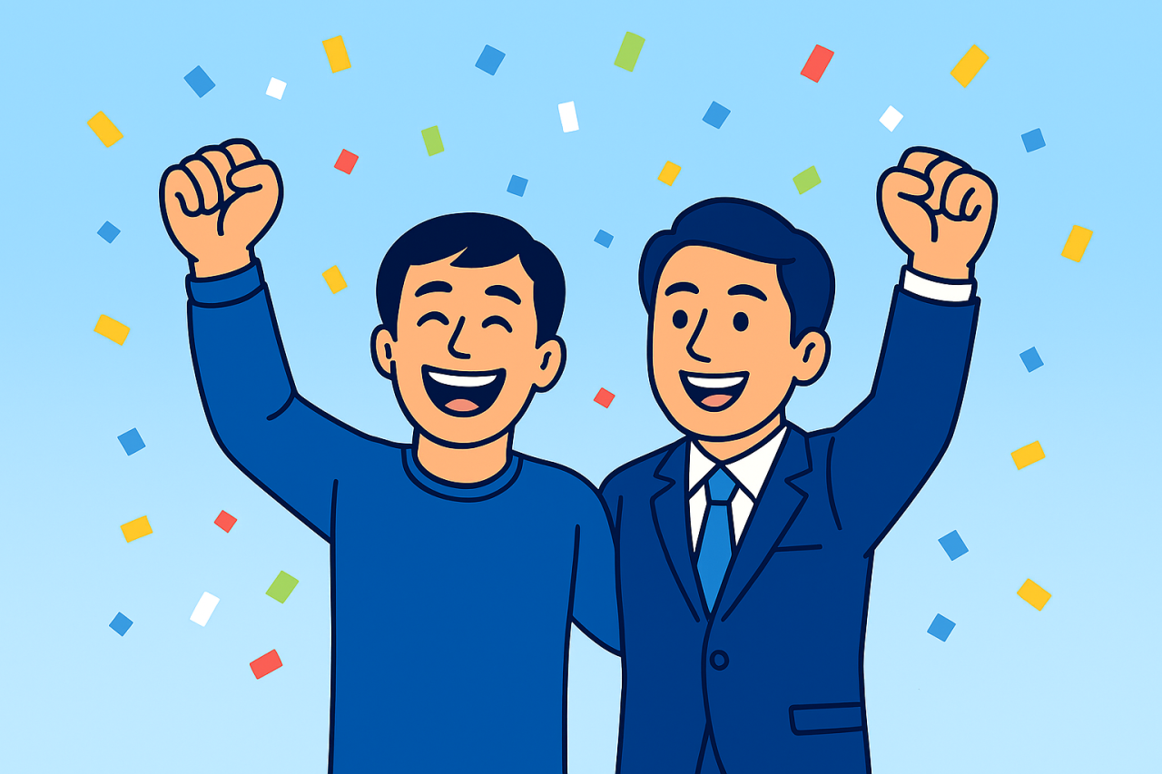 特定技能試験に合格し、日本での就職を実現した外国人材をイメージしたイラスト。受験者と採用企業が入社決定を祝う様子を表現