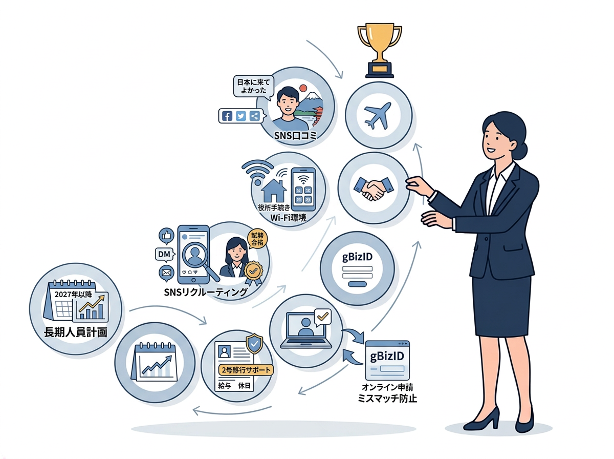 特定技能外国人の受け入れに向けて企業が準備すべき7つのステップを示した図。採用計画の策定、SNS活用、支援体制整備、オンライン申請などの流れを紹介している。