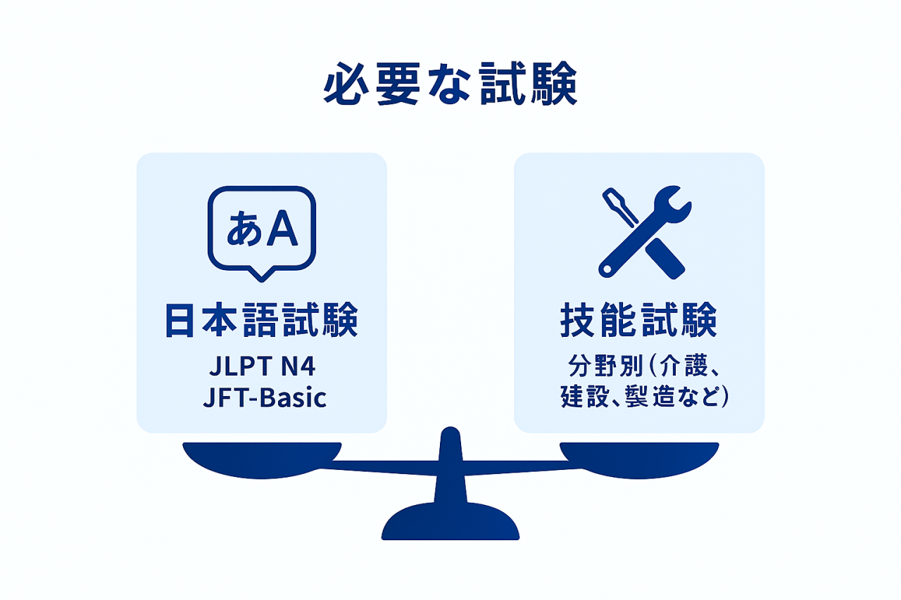 特定技能ビザ取得に必要な試験を解説した図。日本語能力試験JLPT N4またはJFT-Basicと、介護・建設・製造業などの分野別技能試験の合格要件を紹介