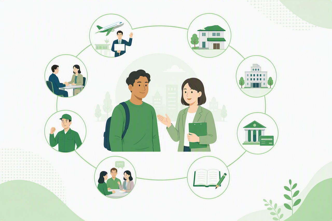 特定技能外国人の受け入れ支援をイメージしたイラスト。企業担当者が外国人材をサポートし、空港送迎、住居確保、役所手続き、銀行口座開設、日本語学習、相談対応などの義務的支援を円形に配置したビジネス向けデザイン。