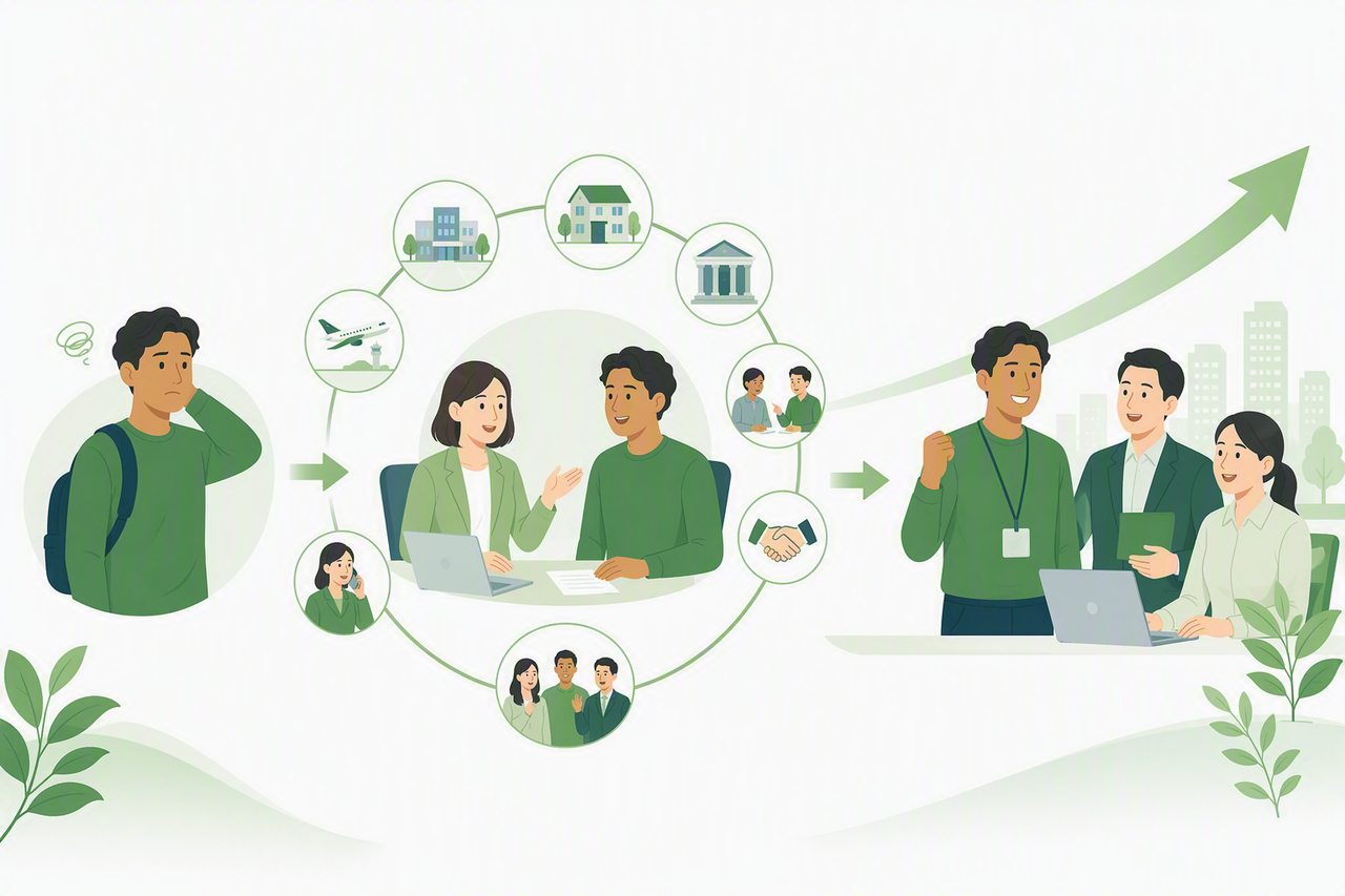 特定技能外国人の定着支援を表現したビジネスイラスト。企業担当者による生活支援や行政手続きサポートを通じて、外国人材が日本の職場に定着し活躍するまでの流れを描いている。