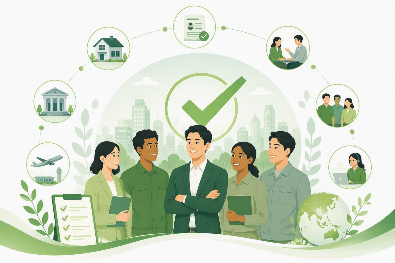 特定技能外国人の受け入れ成功を表現したビジネスイラスト。企業担当者と外国人材が連携し、空港送迎、住居支援、行政手続き、相談対応などの支援体制を整えながら、安定した雇用と職場定着を実現する様子を描いている。