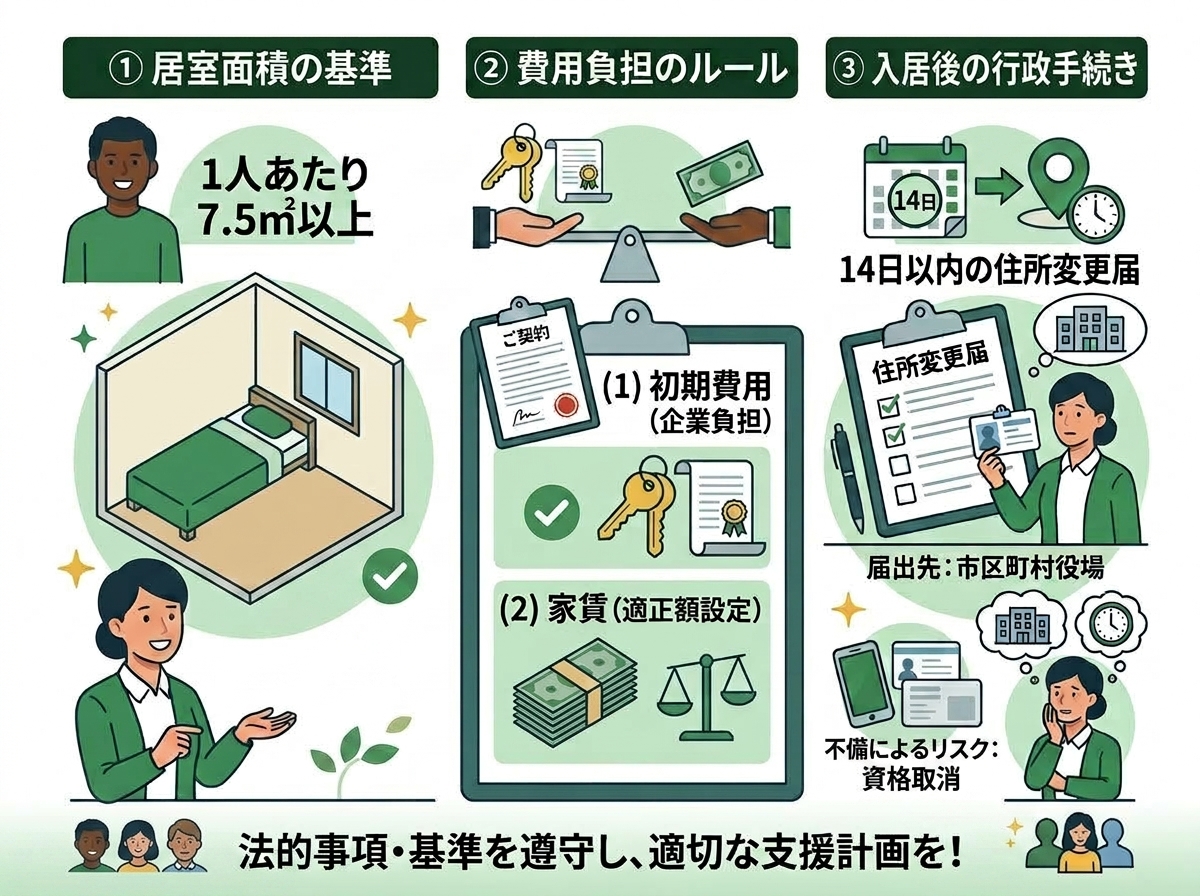 特定技能外国人の住居確保における法的事項・基準をまとめたインフォグラフィック。「居室面積の基準 1人あたり7.5㎡以上」、「費用負担のルール（1）初期費用（企業負担）（2）家賃（適正額設定）」、「入居後の行政手続き 14日以内の住所変更届」の3項目について解説している。