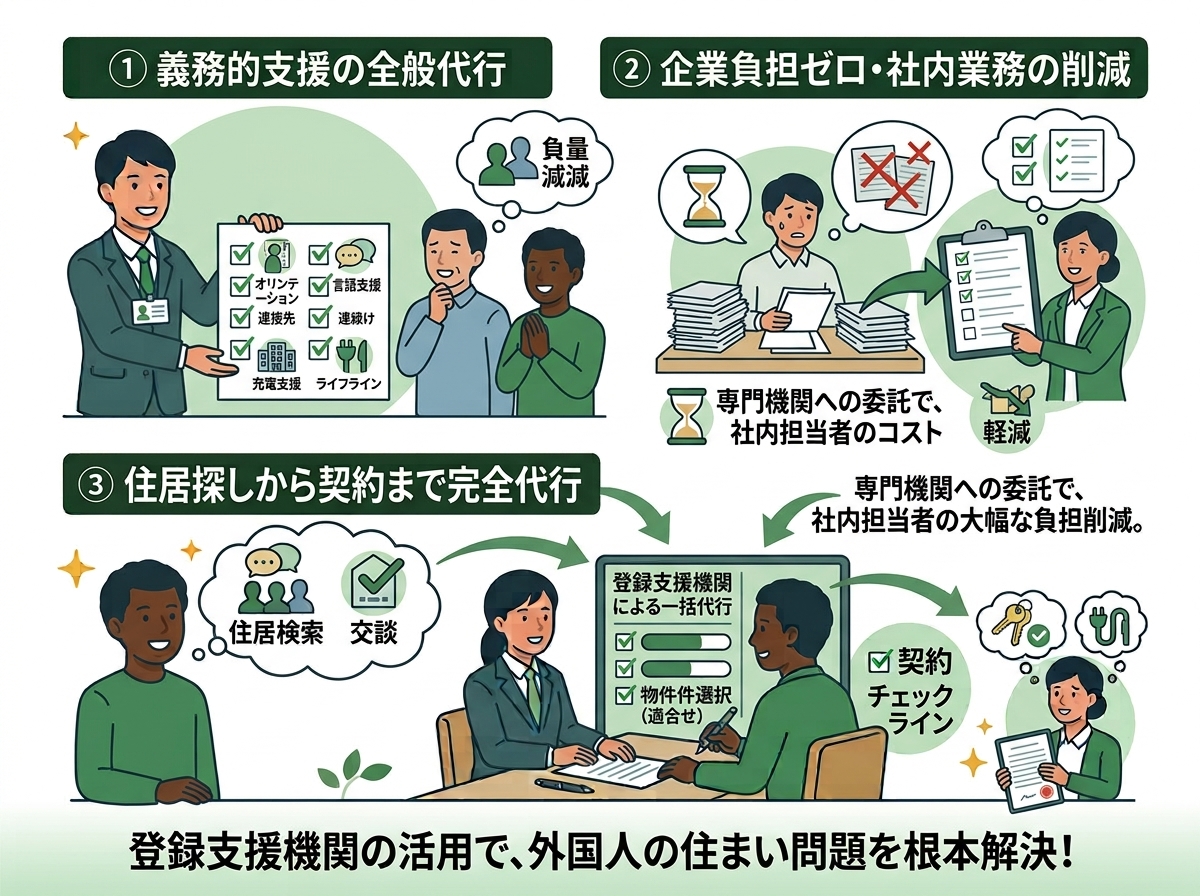 特定技能外国人の住まい問題を解決する登録支援機関の活用法。インフォグラフィック。「1.義務的支援の全般代行（オリエンテーション、言語支援、送迎、ライフライン等）」、「2.企業負担ゼロ・社内業務の削減（専門機関への委託で社内担当者のコスト軽減）」、「3.住居探しから契約まで完全代行（物件件選択、契約チェック）」の各メリットを描いたイラスト。一番下に「登録支援機関の活用で、外国人の住まい問題を根本解決！」と書かれている。