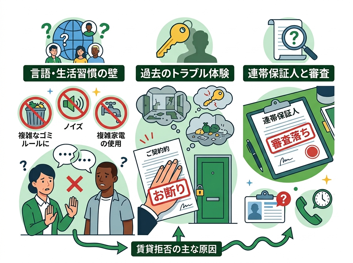 特定技能外国人の賃貸拒否の主な原因。インフォグラフィック。「言語・生活習慣の壁」として複雑なゴミルール、ノイズ、複雑な家電の使用のアイコンと、意思疎通が難しい男女のイラスト。「過去のトラブル体験」として鍵と汚れた部屋のアイコン。「連帯保証人と審査」として書類、鍵、虫眼鏡、審査落ちのスタンプが押された書類、身分証明書のアイコン。一番下には「賃貸拒否の主な原因」と書かれている。