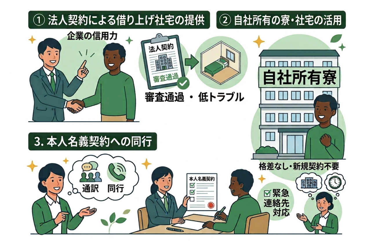 特定技能外国人の住居を確保する3つのアプローチを説明したインフォグラフィック。「1.法人契約による借り上げ社宅の提供（企業の信用力で審査通過・低トラブル）」「2.自社所有の寮・社宅の活用（格差なし・新規契約不要）」「3.本人名義契約への同行（通訳・同行・緊急連絡先対応）」の各メリットを描いたイラスト。